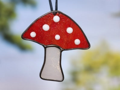 Red Top Mushroom with White Polka Dots Stained Glass Suncatcher