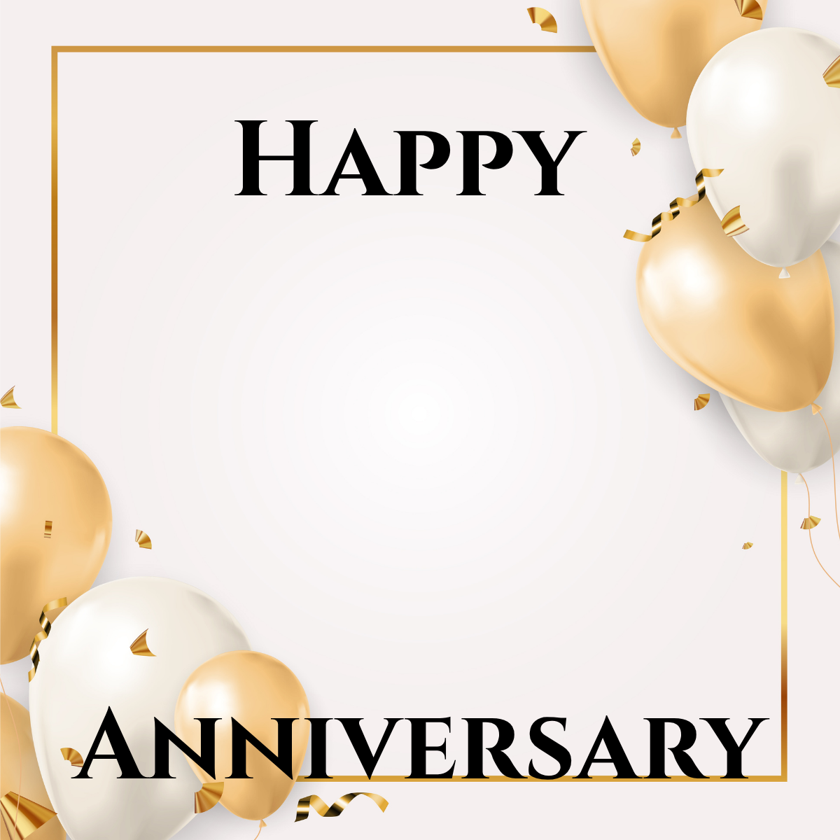 Happy Anniversary insert card with gold and white balloons on a white background, for use with the birthstone inspired stained glass hearts