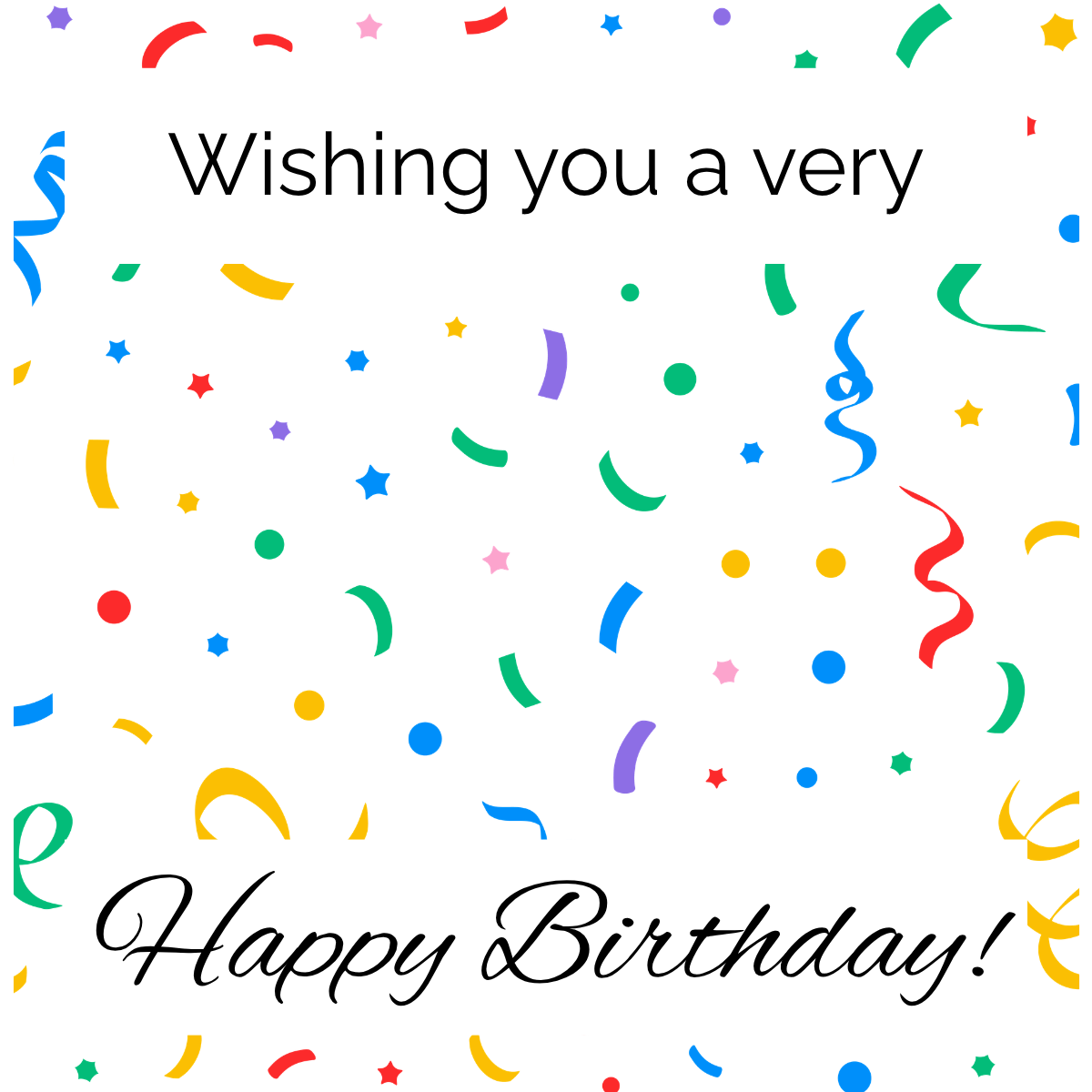 Colorful confetti with 'Wishing you a very Happy Birthday!' text on a white background, insert card for birthstone inspired hearts