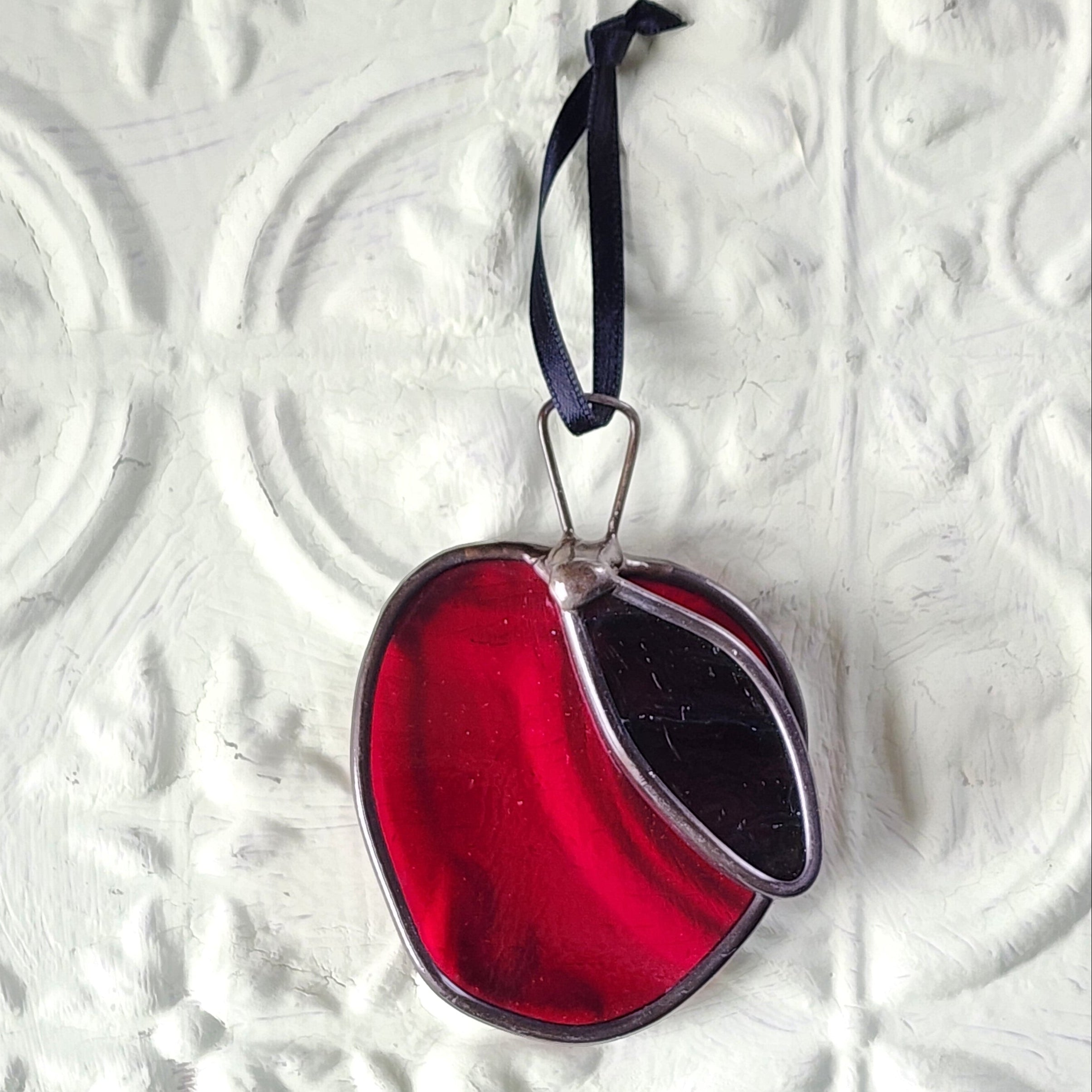 Stained glass red apple suncatcher with green leaf