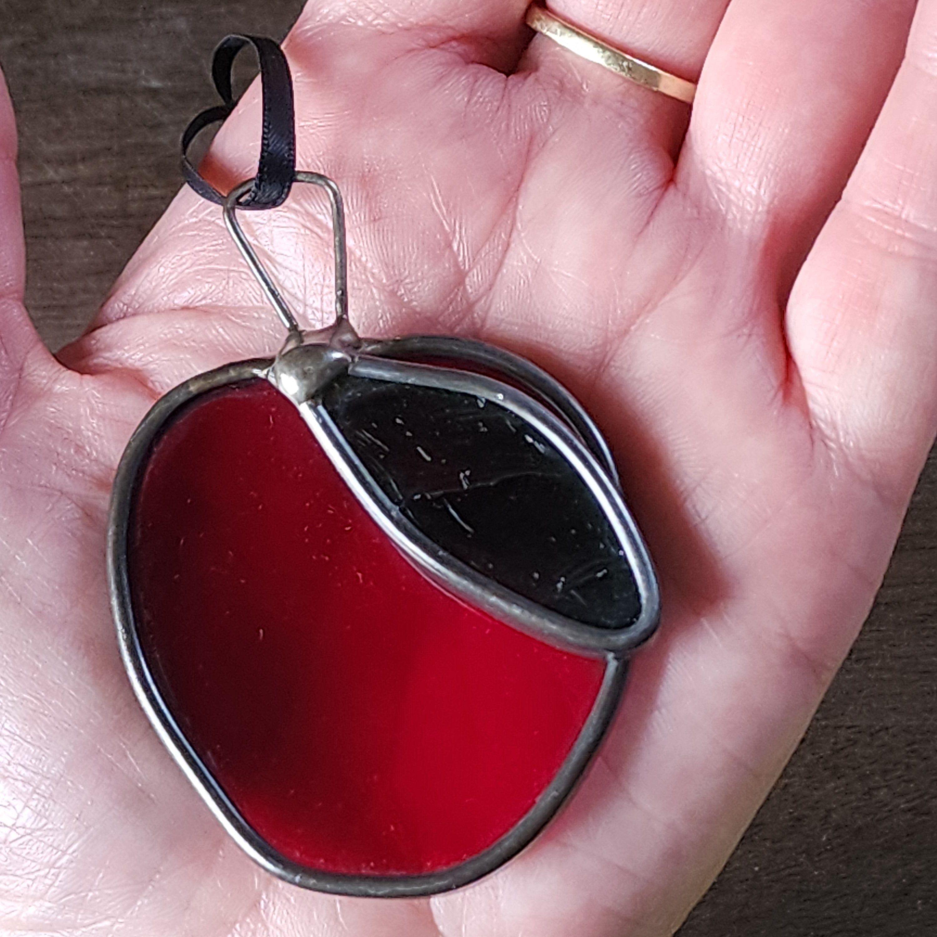 Stained glass red apple suncatcher with green leaf