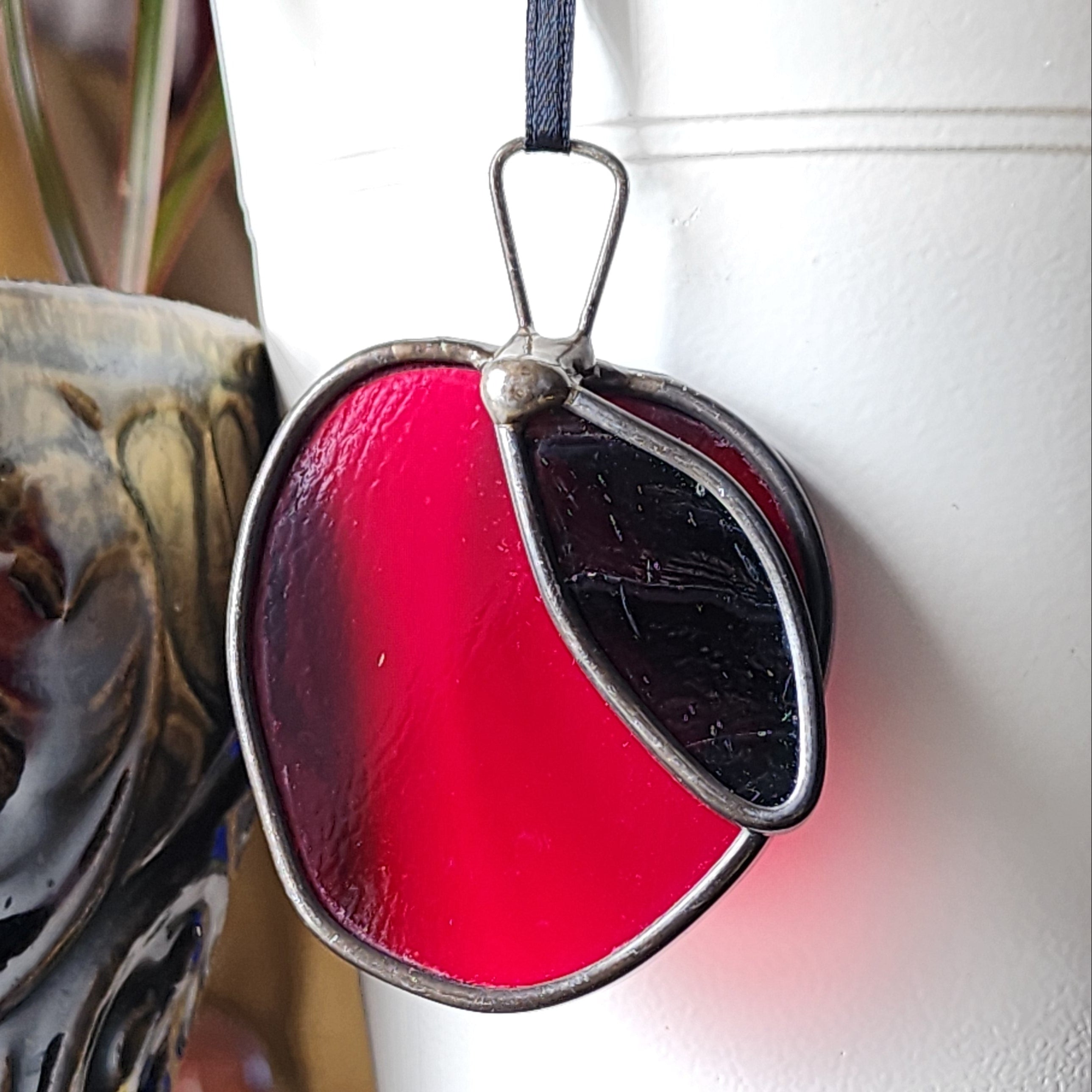 Stained glass red apple suncatcher with green leaf