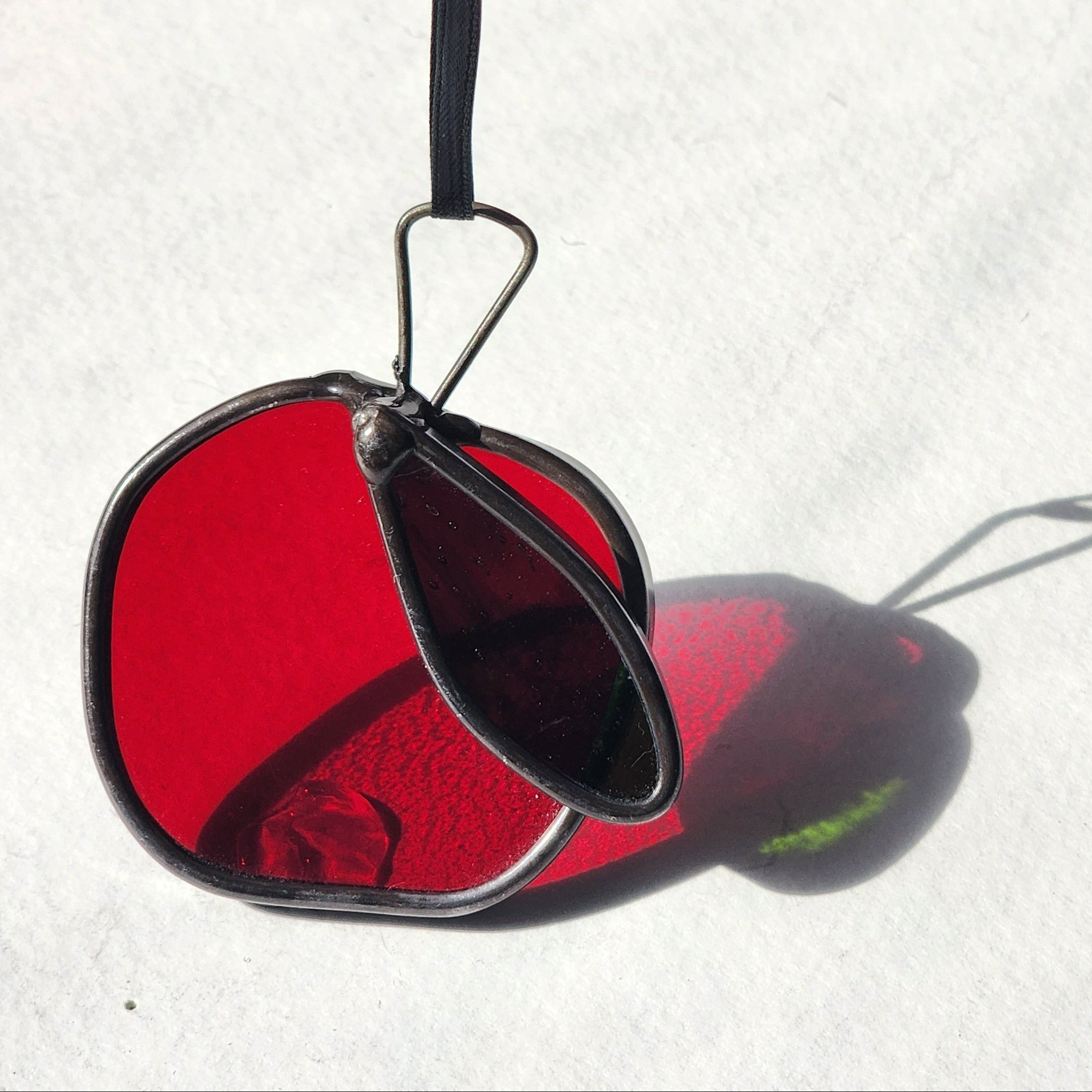 Stained glass red apple suncatcher with green leaf