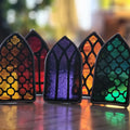5 colorful miniature Gothic Church Window shelf sitters or candle votives
