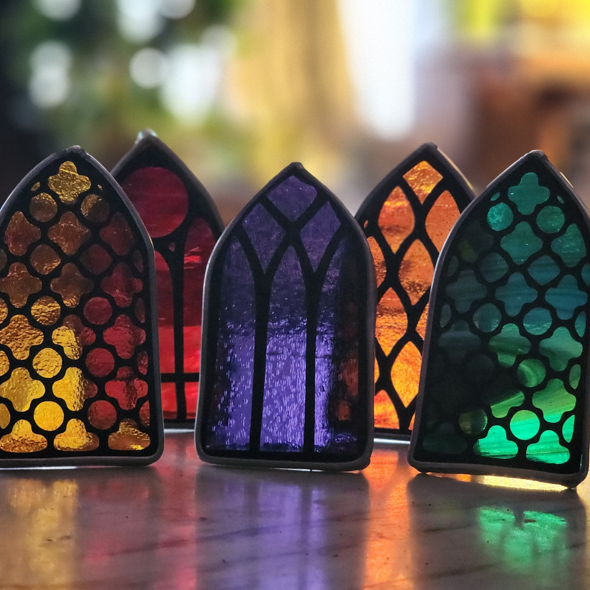 5 colorful miniature Gothic Church Window shelf sitters or candle votives