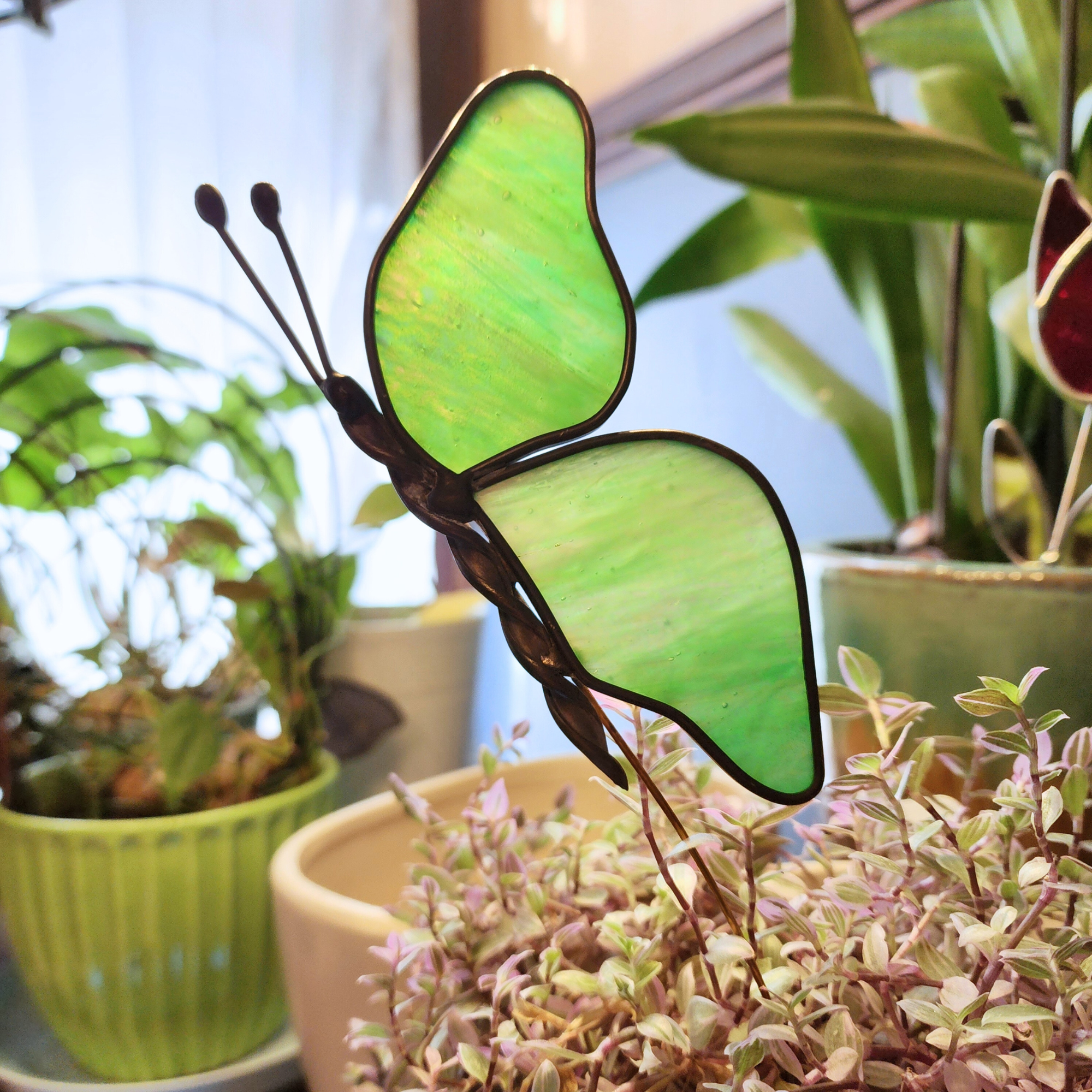Green butterfly plant stake ornament in a pot with indoor plants in the background