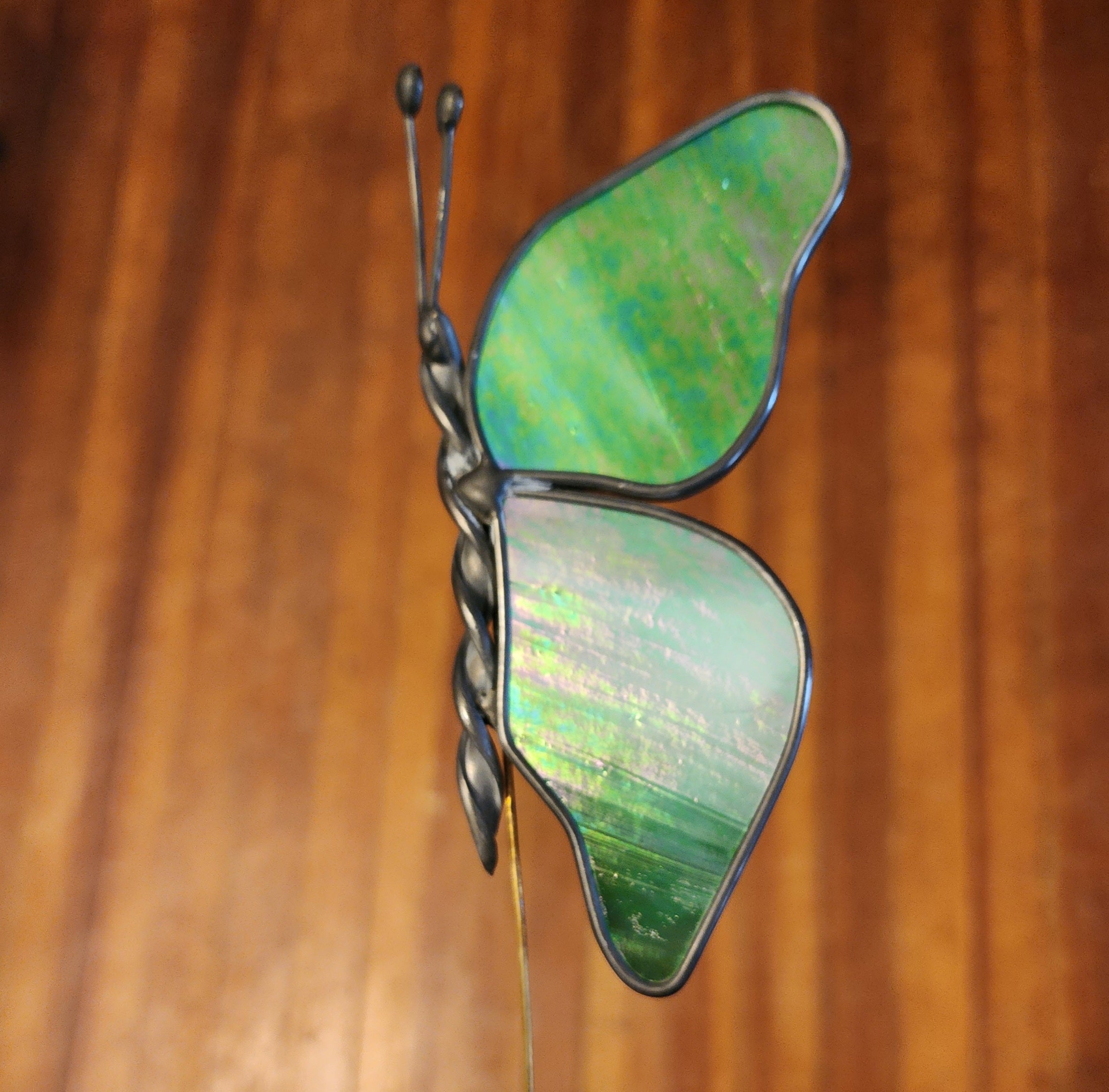 Butterfly-shaped plant stake with  on a wooden background
