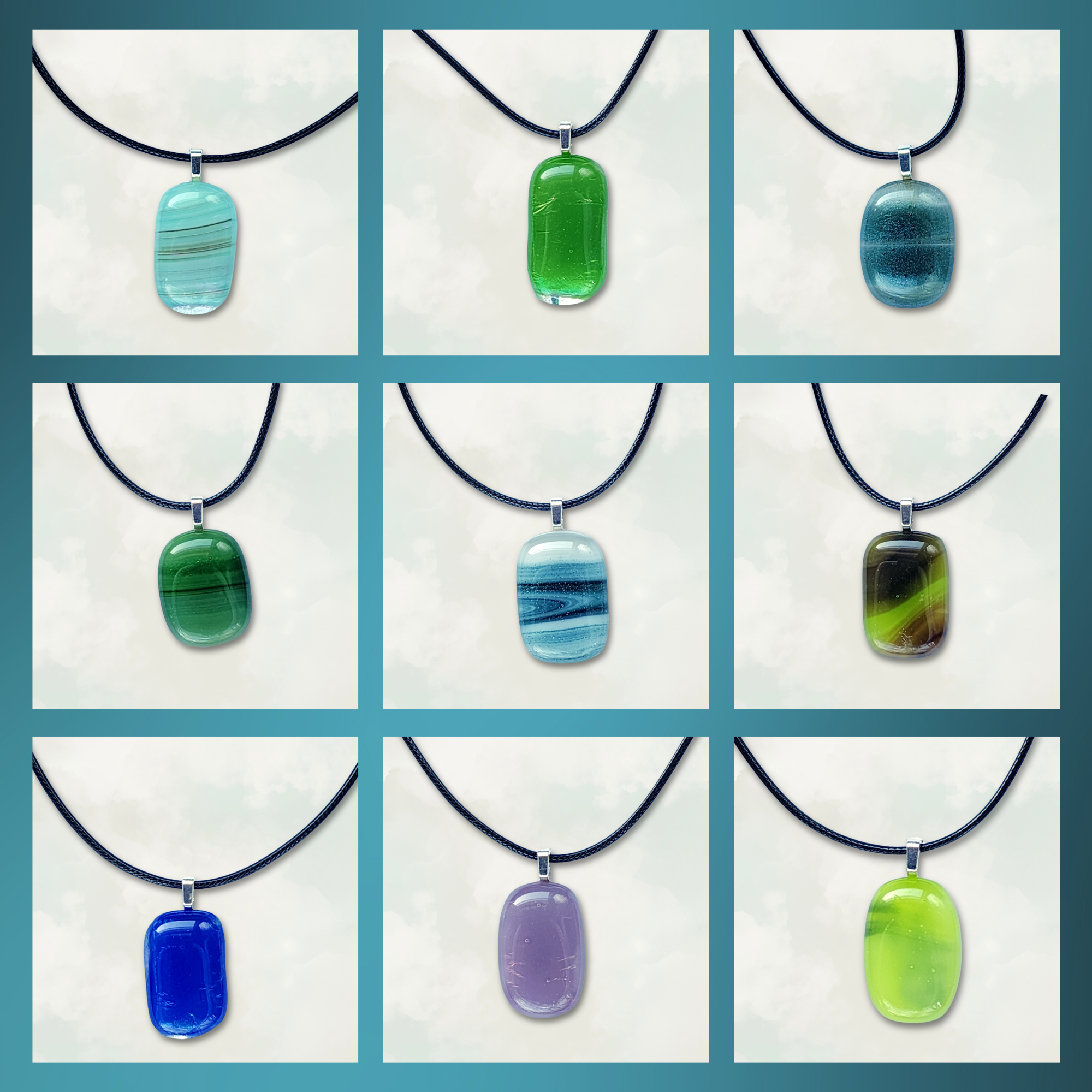 Collage of colorful fused glass pendant necklaces  on a teal background