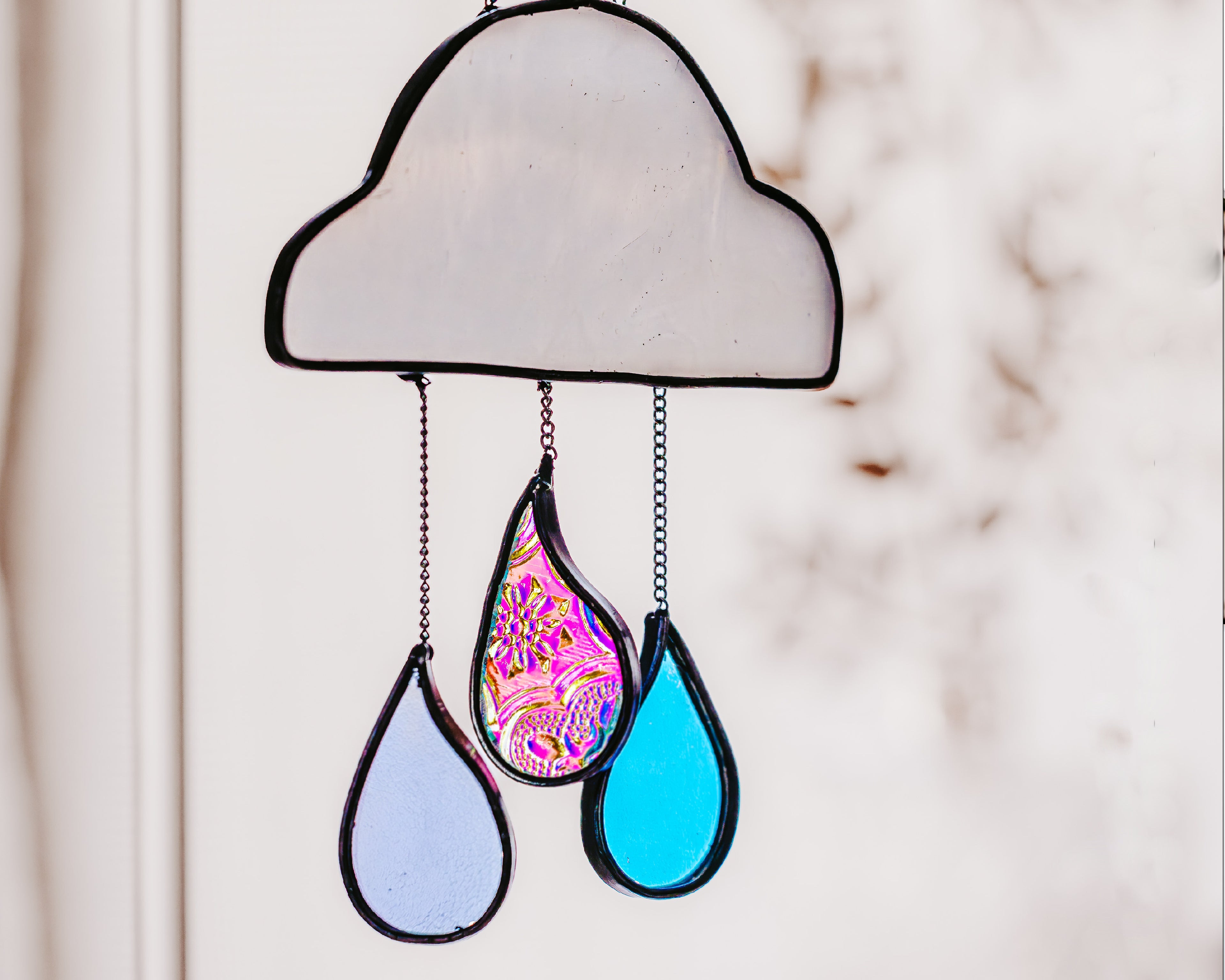 Cloud and Dichroic Raindrops Stained Glass Suncatcher
